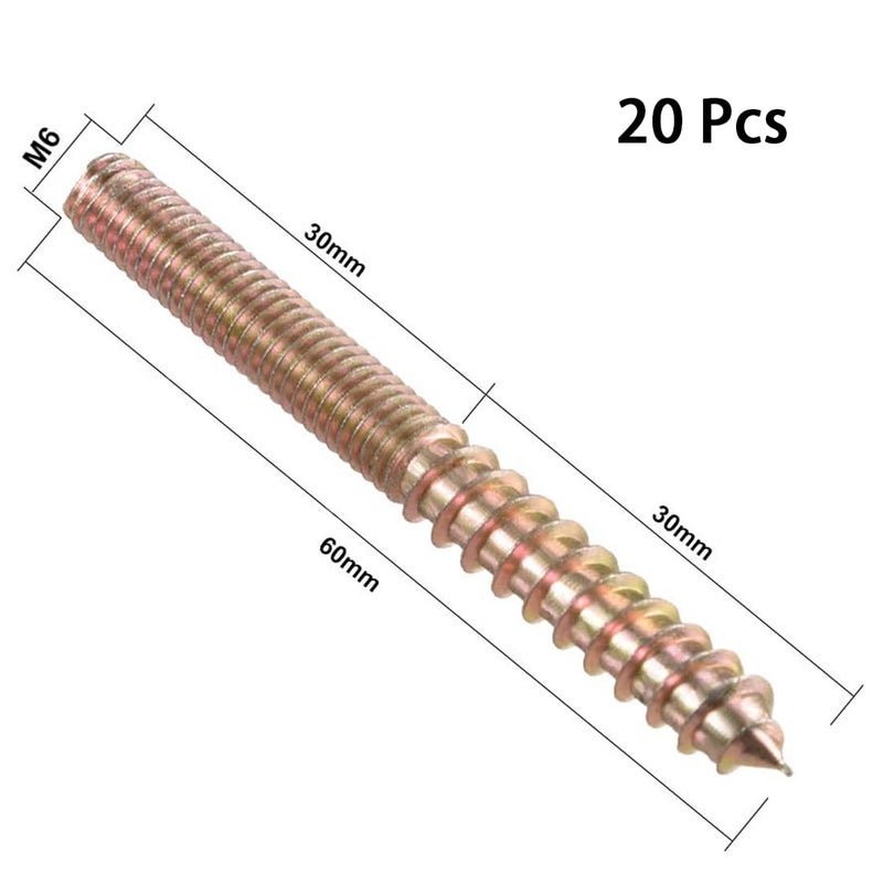 TOP-VIGOR 20Pcs M6x60mm Hanger Bolts, Double Headed Bolts Self Tapping Screw, Double Ended Dowel Screws, Screw Dowels Hanger, Threaded Lag Wood Screws and Machine Bolts for Wood Joint Furniture - Image 2